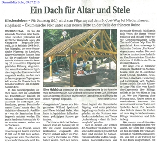 Vorabbericht im Darmstädter Echo vom 09.07.2010 über die neue Waldkapelle St.-Jost in Fischbachtal
